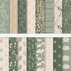 32 Sheets Sage Green Floral Pattern Paper Greenery Scrapbook Specialty Paper Eucalyptus Leaves Double Sided Craft Paper For DIY Card Making Photo Album Journal Decor, 6 x 6 Inch