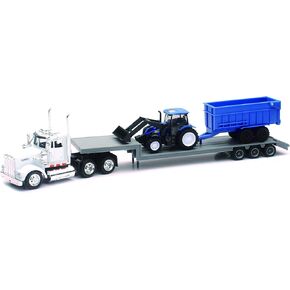 مقطورة New-Ray Kenworth Lowboy مع مجموعة لعب جرار البناء New Holland