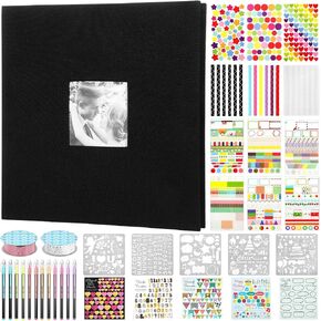 Kolldenn 12 x 12 Inch DIY Scrapbook Photo Album Kit 60 Pages with Metallic Marker 3 Ring Removable Black Paper Scrapbook Memory Book for Wedding Couple Anniversary Kids Baby Travel Craft Project