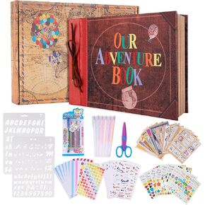 Our Adventure Book 11.9 x 7.6 Inch 80 Pages Scrapbook Photo Album with Scrapbooking Supplies, 3D Retro Embossed Letter Leather Hard Cover Movie Up Travel Journal Memory Book For Couples