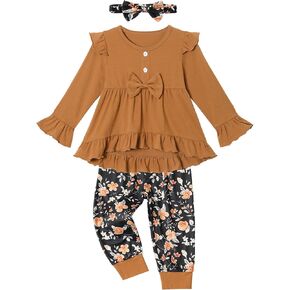 Toddler Girl Clothes Solid Color and Ruffled Sleeve Tops Floral Pants with Headband Fall Winter Toddler Girl Outfits