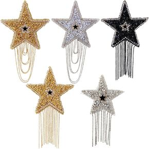 5Pcs Rhinestone Star Tassel Repair Patches, Shiny Five-Pointed Star Pattern Iron on Patches for Hats Jeans Bag Dress Pants DIY Accessories