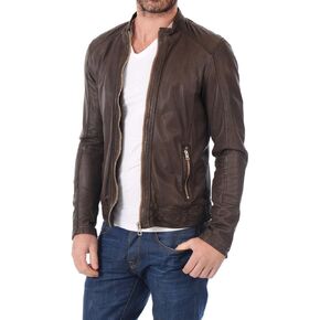 LEATHER FARM Men's Lambskin Leather Bomber Motercycle Jacket