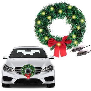 Vaygway Car Christmas Wreath with Red Bow-12 Volt White LED Lights Plug in Festival Decoration, 2 Suction Cup, 4 Color Tie Wrap for Car Décor, Front Door, Garden, Home- Mounts to Front Grille