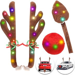 Reindeer Antlers for Cars, Reindeer Christmas Antlers Car Kit with LED Lights, Reindeer Car Kit Antlers, Nose, Tail, Top & Grille Rudolph Reindeer Jingle Bell Christmas Decorations for Car Motorcycle