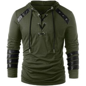 Mens Gothic Steampunk Hoodie Shirt Medieval Victorian Retro Lace Up Pullover Long Sleeve Hooded Sweatshirt Tops