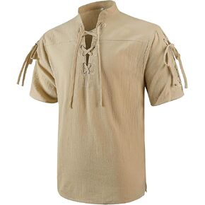 Viking Short Sleeve Shirts for Men, Renaissance Medieval Ren Faires Costumes Cotton Halloween Cosplay