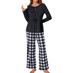 Blooming Jelly Womens 2 Piece Pajama Sets Bow Knot Lounge Sets Outfits Soft Pj Sets Pockets Plaid Pants and Peplum top
