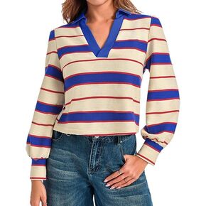 Tankaneo Womens Long Puff Sleeve Tops Dressy Casual V Neck Striped Fall Color Block Shirts