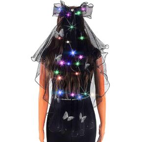 Acenail Light up Black Veil Wedding Veil Butterfly LED Tulle Bride Veil Bow Bridal Veils with Comb Halloween Veils for Women