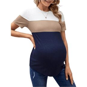 Verdusa Women's Maternity Shirts Color Block Short Sleeve Pregnancy Tee Top