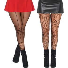 2Pcs Halloween Spider Web Tights, Spiderweb Patterned Fishnet Stockings Thig High Waist Black Tights Women's Black Spiderweb Net Tights for Women One size
