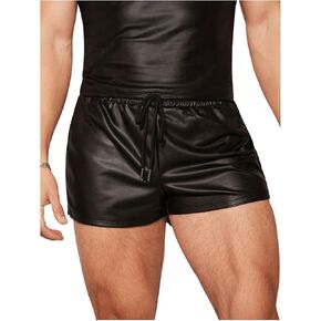 GORGLITTER Men's PU Leather Shorts Fishnet Drawstring Waist Rave Shorts