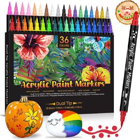 Acrylic Paint Markers for Rocks Painting: 36 Colors Rock Painting Markers for Teen, Acrylic Paint Pens for Rocks, Wood, Pumpkins Kit, Canvas, Ceramics for Kids Ages 6-12 with Round and Brush Tip