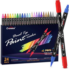 Overseas Paint Marker Pens - Dual Tip Acrylic Paint Pens 24 Colors, Acrylic Paint Markers with Brush Tip and Medium Tip, Permanent Markers for Wood, Rock, Canvas, Glass, Metal, Ceramic, Plastic