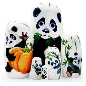 Set of 6 Panda Family Nesting Dolls Black and White Panda with Bamboo Wooden Russian Doll Lovely Animal Matryoshka Dolls Stacking Dolls for Kids Boys Girls Christmas Birthday Toy Gift