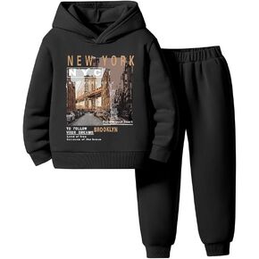 Toddler Boy Clothes-Scenery Pattern Printed Warm Hoodie and Sport Pants-Little Boy Fall Winter Outfit Size (3-7 T)