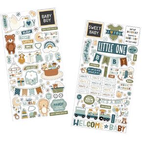 Baby Scrapbook Supplies - Baby Accent for Scrapbooking, Photo Album, DIY Crafts - Scrapbook Chipboard Baby Boy Inspired Embellishments with Cute Phrases, Toys, Blue Aesthetic Design - 2 Items