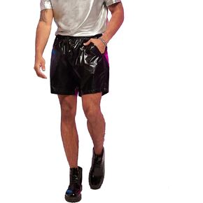 OYOANGLE Men's PU Leather Elastic Waist Shorts Party Clubwear Rave Shorts with Pocket