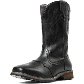 femflame Cowboy Boots For Men Square Toe Leather Western Boots Classic Embroidered Durable Slip Resistant Chunky Heel Pull On Distressed Work Boots