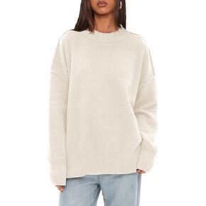 Darong Women Oversized Fuzzy Knit Sweater Long Sleeve Crew Neck Side Slit Pullover Sweaters Fall Winter Tops