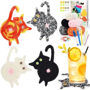 Coopay Crochet Kit Beginners for Cat Coasters, Creative Crochet Coasters Knitting Kit with Instructions & Extra Crochet Yarns, Easy Crochet Starter Kit Learn to Crochet for Adults/Teenagers
