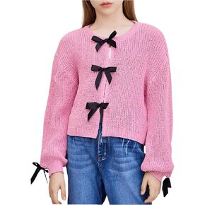 MakeMeChic Girl's Color Block Bow Front Cardigan Drop Shoulder Long Sleeve Knit Sweaters