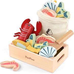 PairPear Wooden Play Food Cutting Seafood Set - Toddlers Wooden Toy Food Pretend Play Kitchen Accessories for 3 Years Old Boys Girls Early Education Toys Gift in Kuwait