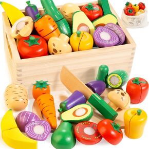 Wooden Play Food Set for Kids Kitchen | Velcro Chopping Veggies & Fruits Toy Food Set with Storage Case & Bag, Play Kitchen Accessories, Pretend Play Food for Toddlers 3+