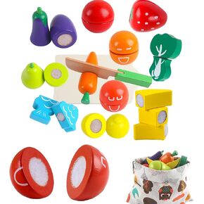 newlng Wooden Play Food Toys Fruits and Vegetables for Toddlers Cutting Fruits and Vegetables Food Toys Velcro Food Cutting Toys Best Gift for Christmas Birthday with Reusable Storage Bag
