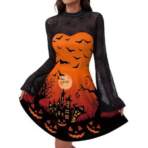 Women's Halloween Bell Sleeve Witch Costume Vintage Mesh Gothic Cocktail Dress