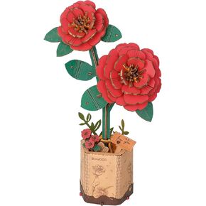 rowood 3D Puzzle Artifical Flower,DIY Wooden Flower Craft Kit for Kids,Mother's Day/Valentine's Day/Teacher's Day/Thanksgiving Day/Christmas/Birthday Gift for Mom/Women/Grandma/Wife/Her-Red Camellia