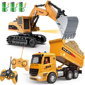 SAYANG Construction Vehicle Toy Set - Remote Control Excavator Toy - Dump Truck Toy - Toy for Kids, Rechargable Digger Car, Educational Toys - Gifts for 7 8 9 Years Old Boys（with Activity Barricade）