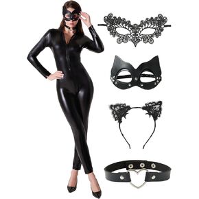 Maxim Party Supplies Leather Catsuit Costume Bodysuit for Women 5 Piece Latex Jumpsuit include 2 Masks, Choker, and Cat Ears