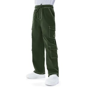 Haloumoning Boys Drawstring Elastic Waist Cargo Pants Straight Leg Streetwear Summer Trousers 4-14 Years