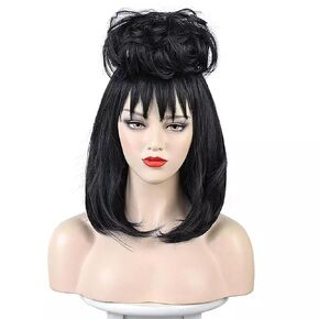 nezababycos Women Lydia Deetz Wig Costume Black Bride Wig Hair with Bun Bangs Gothic Witch Cosplay Accessory for Adult Halloween Party Decoration