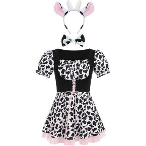 IBAKOM Women Cow Print Halloween Dress with Headpiece Bow Tie Red Plaid Puffy Sleeve Suspender Milk Maid Overall Dress
