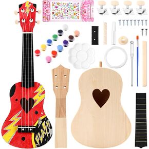 Boao DIY Guitar Kit 21 Inch Make Your Own Ukulele DIY Kit with Installation Tools Soprano Guitar Build Kit Unfinished Guitar Handwork Kit Wooden Ukulele Crafts for Amateur Beginner Little Ones (Round)