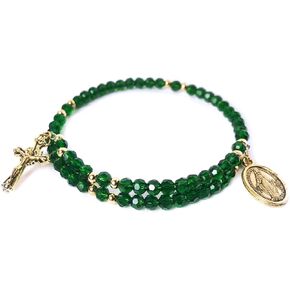 Christian Catholic Rosary Bracelet - 4mm Emerald Green Crystal Beads with Crucifix and Our Lady of Grace Medal