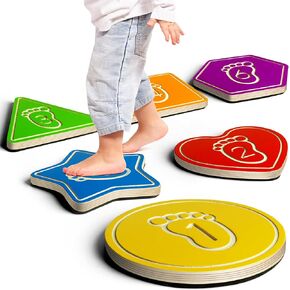 Wooden Stepping Stones, Multi-Shape and Colored Stepping Stones for Kids 3 4 5 6 7 and Toddler Indoor Activity, Balance Sensory Wood Montessori Toys(6Pcs with Game Manual)