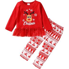 الأصغر سنا شجرة عيد الميلاد الفتيات الصغيرات ملابس طويلة الأكمام تزلف القمم + الأحمر منقوشة السراويل الرنة الملابس مجموعات 2 قطعة in Kuwait
