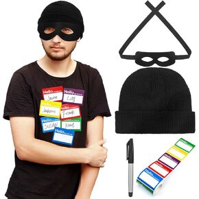 Toulite 4 Pcs Identity Thief Costume Include Thief Name Tags Stickers Writing Pen Robber Eye Mask Thief Beanie for Halloween Funny Cosplay Theme Party Supplies