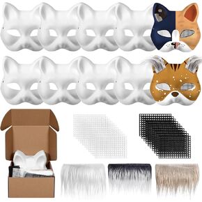 Draupnir 10Pcs Cat Mask Therian Mask Fox Mask with Fur and Eye Mesh, DIY Blank White Paper Cat Face Mask to Paint, Cat Nask Therian Furry Mask for Halloween Masquerade Cosplay Party
