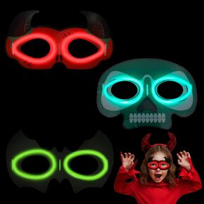 DERAYEE 3Pcs Halloween Costume Mask for Kids, Skeleton Bat Devil Halloween Eye Mask with 6 Glow Sticks Glow in the Dark Party Supplies for Kids Costume Cosplay Halloween Party Favor Supplies