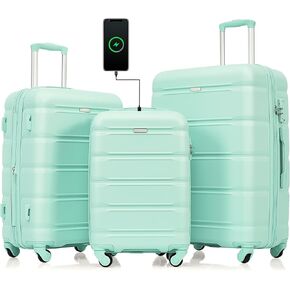 3 Pieces Spinner Wheels Luggage Set, ABS Hard Shell Expandable Spinner Luggage, 20-inch with USB Port, Expandable 24" And 28", 360-degree Rotating Wheels Suitcase with Cup Holder, Side Hooks