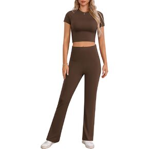 lounge sets for women 2 Piece with Fold-Over Flare Pants & Short Sleeve Cropped Top - Casual Outfit and Pajamas