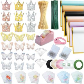 Floral Wrapping Paper Kit, Including 120Sheet Waterproof Floral Paper, RibbonX3 Bamboo SticksX50,Tape Dispenser,Tape X2, Flower PinsX150, ButterfliesX48, CrownsX9,Greeting CardX30 for Florist Wrapping