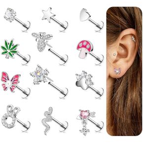 12Pcs 16G 14K Gold Threadless Cartilage Stud Earring for Women Push in Earring Flat Back Star Butterfly Bee Helix Tragus Earrings Studs 316L Stainless Steel Flower Heart Labret Conch 6/8mm