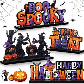 Capoda 4 Pieces Happy Halloween Wooden Table Decorations Trick or Treat Centerpieces Boo Spooky Halloween Table Signs Wood Pumpkin Witch Table Decor for Halloween Party Home Indoor Tabletop Desk