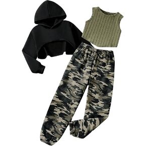 GORGLITTER Girl's 3 Piece Outfit Sweatsuit High Low Crop Hoodie Rib Knit Tank Top Camo Jogger Sweatpants Set